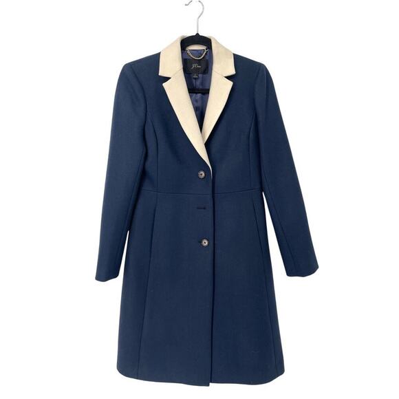 J. Crew Navy Blue Topcoat with White Contrast Lapel in Double Serge Wool size 2 - Picture 3 of 13